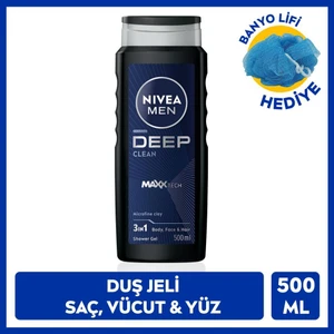 Nıvea Men Erkek Deep Dimension Banyo ve Duş Jeli 500ML, 3'ü1 Arada Vücut Bakım, Vücut Saç ve Yüz, Banyo Lifi Hediyeli, Avantajlı Paket