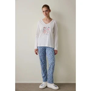 Cup of Tea Desenli V Yaka Pamuklu Uzun Kollu Pijama Takımı