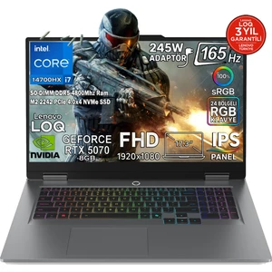 LOQ 17IRX10 Intel Core i7 14700HX 64GB 2TB SSD RTX 5070 8GB (115W) 17,3" FHD 165Hz IPS Panel Freedos Taşınabilir Bilgisayar 83JH006HTRN4