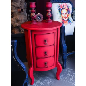 3 Çekmece  Kırmızı Eskitme Vintage Komodin Yan Sehpa