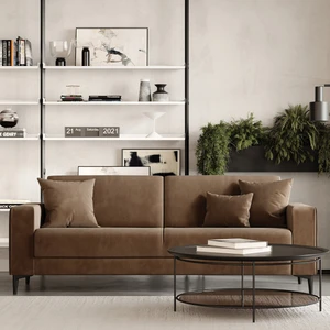 Enza Home Briza Plus Kadife Dokulu, 3'lü Yataklı Koltuk - Kahve