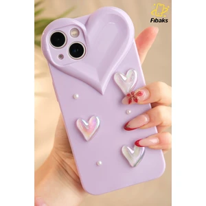 Apple iPhone 13 Kılıf Kalpli Inci Desenli Kalp Kamera Tasarımlı Lila Kamera Korumalı Silikon Kapak