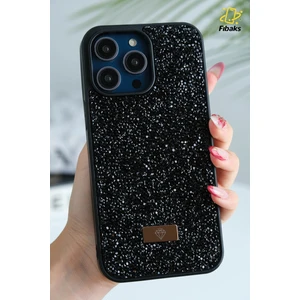 Apple iPhone 15 Pro Max Kılıf Içi Kadife Elmas Tasarımlı Siyah Taşlı Işıltılı Pırlanta Silikon Kapak