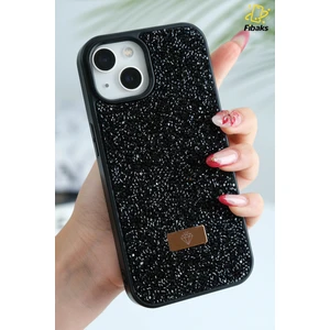 Apple iPhone 14 Plus-15 Plus Kılıf Içi Kadife Elmas Tasarımlı Siyah Taşlı Işıltılı Pırlanta Silikon Kapak