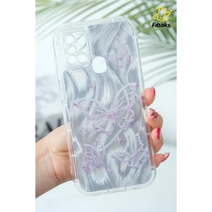 Samsung Galaxy A21S Kılıf Sök Tak Kamera Korumalı Parlak Hologramlı Kelebek Desenli Darbe Emici