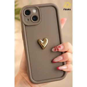 Apple iPhone 13 Kılıf 3D Kalp Tasarımlı Kahverengi Desenli Yumuşak Kamera Korumalı Silikon Kapak