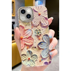 Apple iPhone 13 Kılıf Renk Değiştiren Taşlı Kamera Lens Korumalı Pembe Çiçek Desenli Darbe Emici Kapak