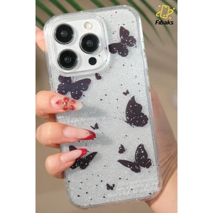 Apple iPhone 12 Pro Max Uyumlu Kılıf Simli Siyah Kelebek Desenli Renkli Parlak Darbe Emici Kapak