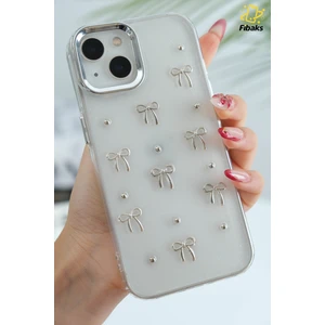 Apple iPhone 14 Plus Kılıf Fiyonk Desenli Şeffaf Simli Gümüş Kamera Çıkıntılı Parlak Kapak