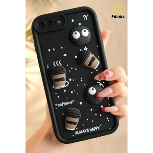 Apple iPhone 7 / 8 Plus Kılıf Tasarımlı Desenli Kamera Korumalı Coffee Kurabiye Siyah Yumuşak Silikon