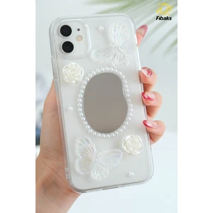 Apple iPhone 11 Kılıf 3D Kelebek Gül Desenli Aynalı Simli Şeffaf Tasarımlı Silikon Kapak