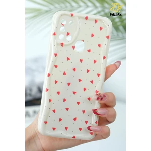 Samsung Galaxy A21S Kılıf Kamera Korumalı Dalga Kenarlı Kırmızı Kalp Desenli Silikon Kapak
