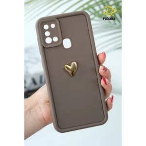 Samsung Galaxy A21S Kılıf 3D Kalp Tasarımlı Kahverengi Desenli Yumuşak Kamera Korumalı Silikon Kapak