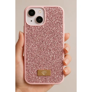Apple iPhone 13 - 14 - 15 Uyumlu Kılıf Elmas Tasarımlı Pembe Taşlı Işıltılı Pırlanta Silikon Kapak