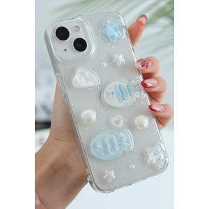 Apple iPhone 13 - 14 - 15 Kılıf Simli Mavi Balık ve Deniz Kabuğu Desenli Tasarımlı Silikon Kapak