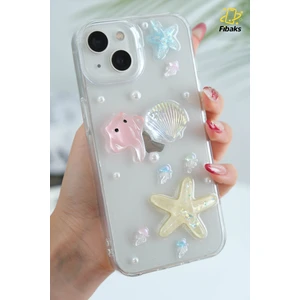 Apple iPhone 13 - 14 - 15 Kılıf Şeffaf Simli Deniz Yıldızı Vatoz Deniz Kabuğu Desenli Silikon Kapak