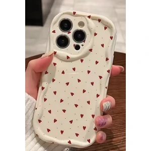 Apple iPhone 16 Pro Kılıf Kamera Korumalı Dalga Kenarlı Kırmızı Kalp Desenli Silikon Kapak