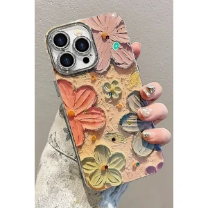 Apple iPhone 16 Pro Kılıf Renk Değiştiren Taşlı Kamera Lens Korumalı Pembe Çiçek Desenli Darbe Emici Kapak