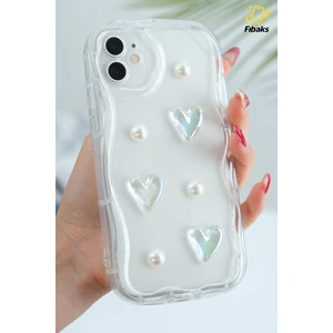 Apple iPhone 12 Kılıf Tasarımlı Desenli Kamera Korumalı 3D Kalpli ve Inci Tasarımlı Şeffaf Silikon Kapak