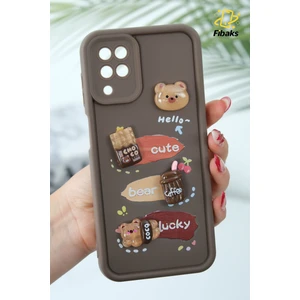 Samsung Galaxy A12/M12 Kılıf Tasarımlı Desenli Kamera Korumalı Ayıcık Kahve Renkli Yumuşak Silikon