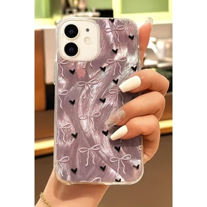 iPhone 11 Kılıf Hologramlı Siyah Kalp Mor Fiyonk Desenli Darbe Emici Kamera Korumalı Silikon