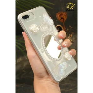 Apple iPhone 7/8 Plus Kılıf 3D Kelebek Gül Desenli Aynalı Simli Şeffaf Tasarımlı Silikon Kapak