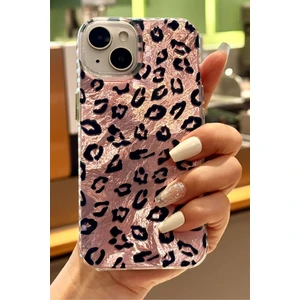 iPhone 13/14/15 Kılıf Hologramlı Pembe Leopar Desenli Darbe Emici Kamera Korumalı Silikon