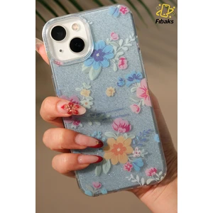Apple iPhone 13/14 Uyumlu Kılıf Mavi Simli Çiçek Desenli Renkli Parlak Darbe Emici Kapak