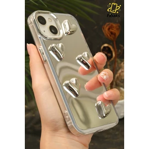 Apple iPhone 15 Uyumlu Kılıf Aynalı Gümüş 3D Kalp Desenli Darbe Emici Silikon Kapak