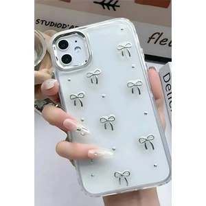 Samsung Galaxy A06 Uyumlu Kılıf Fiyonk Desenli Şeffaf Simli Gümüş Kamera Çıkıntılı Parlak Kapak