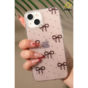 Apple iPhone 13/14 Uyumlu Kılıf Simli Siyah Fiyonk Desenli Renkli Parlak Darbe Emici Kapak