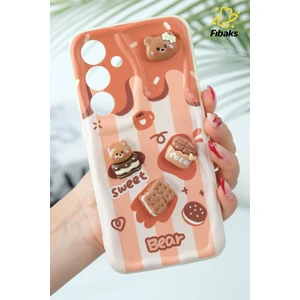 Samsung Galaxy S24 Fe Kılıf Tasarımlı Desenli Kamera Korumalı Ayıcık Bisküvi Cofffe Silikon Kapak