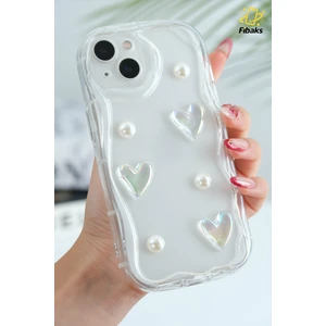 Apple iPhone 14 Plus Kılıf 3D Kalpli Inci Tasarımlı Desenli Kamera Korumalı Şeffaf Silikon Kapak