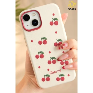 Apple iPhone 13 - 14 - 15 Kılıf Renkli Kamera Çıkıntılı Kırmızı Kiraz Desenli Silikon Koruyucu Kapak