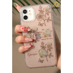 Apple iPhone 12/12 Pro Uyumlu Kılıf Simli Beyaz Gül Desenli Renkli Parlak Darbe Emici Kapak