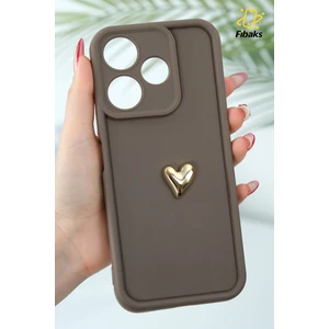 Xiaomi Redmi 13 Kılıf 3D Kalp Tasarımlı Kahverengi Desenli Yumuşak Kamera Korumalı Silikon Kapak