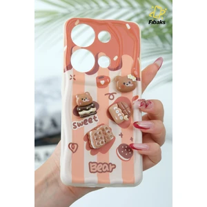 Xiaomi Redmi Note 13 Pro 4g | Kılıf Kamera Korumalı Ayıcık Bisküvi Desenli Renkli Cofffe Silikon Kapak