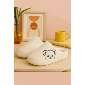 Fluffy Ayıcık Desenli Kadın Ev Terliği Kışlık Yünlü Terlik Ses Yapmayan Içi Yünlü Günlük Rahat Terlik