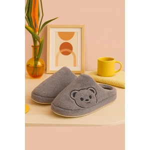 Fluffy Ayıcık Desenli Kadın Ev Terliği Kışlık Yünlü Terlik Ses Yapmayan Içi Yünlü Günlük Rahat Terlik