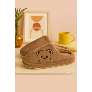 Fluffy Ayıcık Desenli Kadın Ev Terliği Kışlık Yünlü Terlik Ses Yapmayan Içi Yünlü Günlük Rahat Terlik