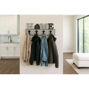 Siyah Gri Home Yazılı Şık Desenli Dekoratif Askılık 8 Askı