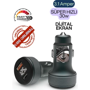 Araç Çakmaklık Şarj Aleti | PD30W 3.1A | LCD Ekranlı | Type-C + USB Hızlı Şarj