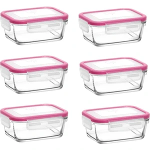 Feyzade Fresco Cam Kilitli Kahvaltılık Saklama Kabı 6'lı Set 400CC Pembe Kapak (FRS-237)