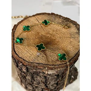 Gold 4 Yaprak Sedefli Yeşil Yonca Şans Çift Taraflı Çelik Bileklik