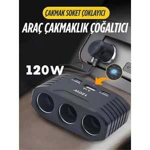 3 Lü Çakmak Soketi 120W Çakmaklık Çoğaltıcı 2 USB 1 Type-C Araç Şarj Cihazı Çakmak Çoklayıcı