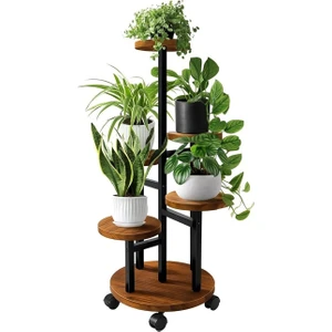 Tekerlekli Metal Çiçeklik 5 Raflı Saksılık Dekoratif 5 Raflı Çiçeklik Metal Doğal Ahşap Saksılık Çiçek Rafı Daire Model