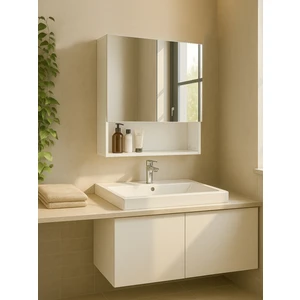 Trama Aynalı Banyo Üst Dolabı 3 Raflı Çok Amaçlı Dolap Beyaz