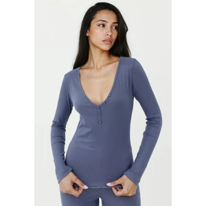 Kadın Düğme Detaylı V Yakalı Geniş Paça Pijama Takımı Toz Mavi