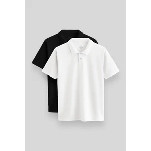 Standart Fit Basic Polo Yaka 2li Paket Siyah-Beyaz Erkek T-Shirt - 87748