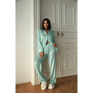 Kadın Su Yeşili Saten Uzun Pijama Takımı